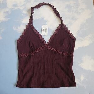 Burgundy Lace Halter Red Top Cropped Halter Sexy Hakter Top